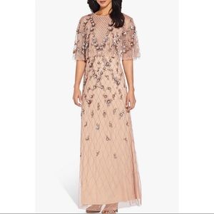 Adrianna Papell Rose Gold Beaded Cape Gown Maxi Dress